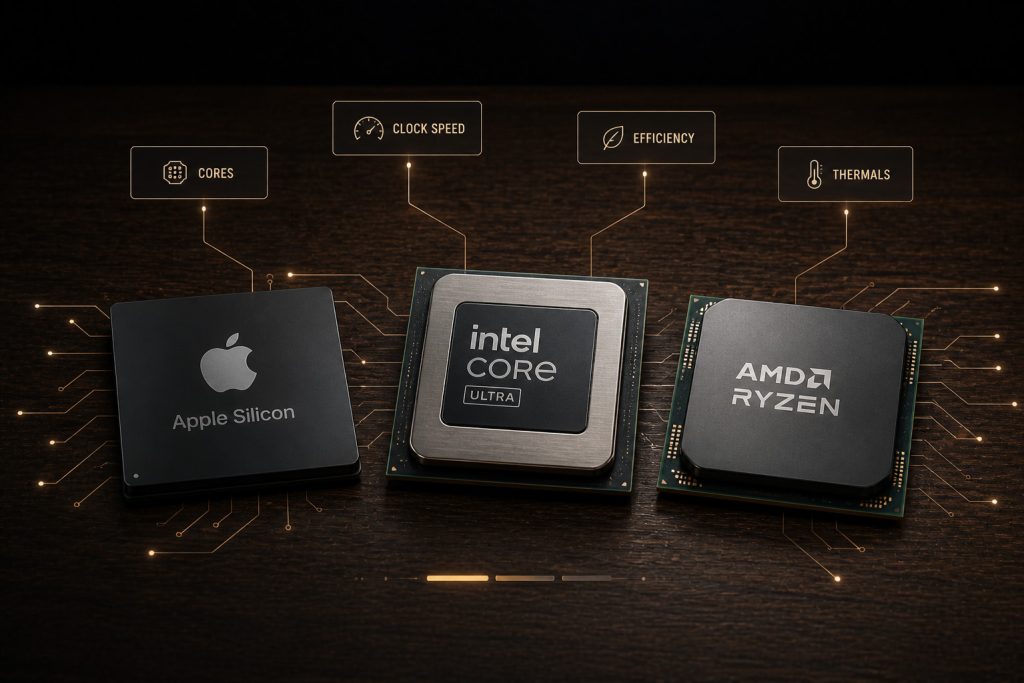 CPU: cores, clock speed, Apple Silicon vs Intel Core Ultra vs AMD Ryzen